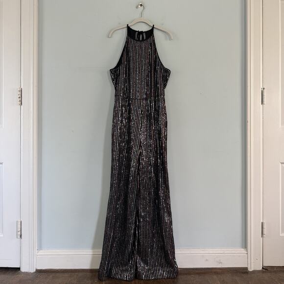 Anthropologie Maeve Disco Sequin Halter Wide Leg Black Jumpsuit - Picture 4 of 8